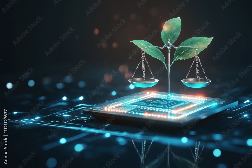 Poster green technology growth balanced on a microchip, symbolizing sustainable development and digital tra
