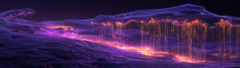 Vibrant light cascade alien landscape digital art cosmic environment aerial view futuristic concept for seo impact