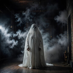 arafed ghost standing in a dark room with smoke coming out of it

