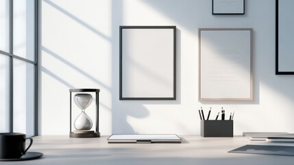 A minimalist home office with a collection of framed motivational quotes on the wal