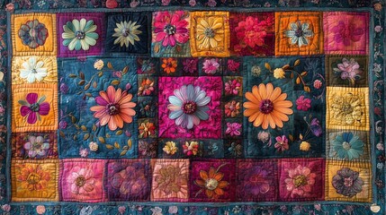 A colorful patchwork quilt featuring intricate fabric patterns and stitching. Perfect for cozy, handmade, or artistic textile themes.