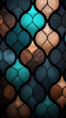 Stained glass pattern featuring teal, bronze, and wood textures, white isolate background.