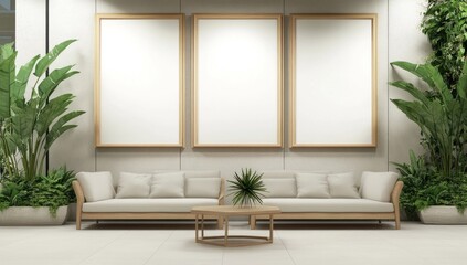 Modern minimalist living room with three blank frames, beige sofa, coffee table, and lush green plants.
