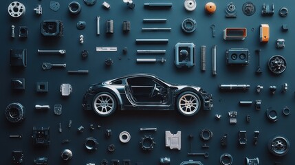 Flat lay of small car parts on textured blue background, ample space for branding