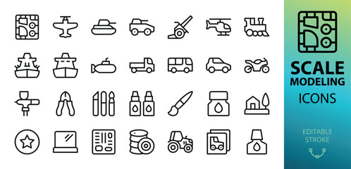 Scale modeling isolated icons. Set of plastic model kit, sprue, historic scale models of tank, airplane, artillery, train, battle ship, transport, aerograph, diorama, paints, tools vector icon