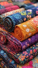 A stack of colorful handmade blankets and quilts with intricate patterns and textures. Perfect for showcasing warmth, artistry, and cozy decor themes.