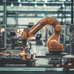 A robotic arm welding in a modern industrial setting, showcasing automation in manufacturing.