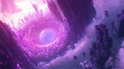 Surreal portal event futuristic city digital art urban environment aerial view science fiction concept
