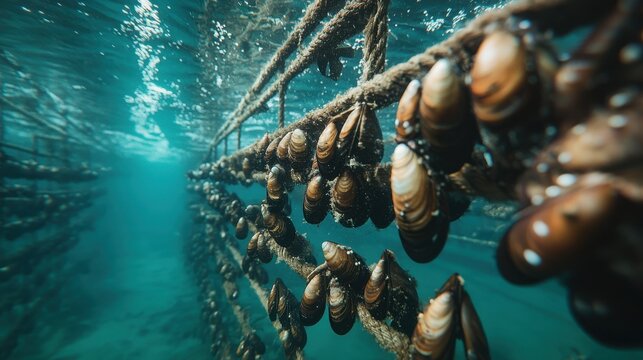 Underwater Mussel Farming Ropes, Shells, Ocean Aquaculture