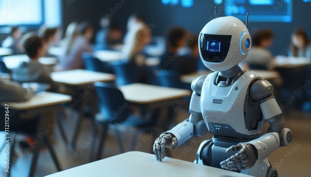 Aufkleber robot teacher in a modern classroom setting