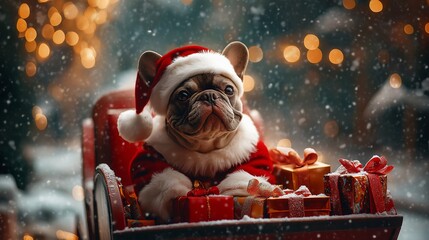 Adorable French bulldog in Santa costume sitting on a sleigh with gifts in a snowy winter wonderland, surrounded by glowing lights and festive cheer.