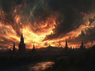 Dramatic stormy sunset over historic moscow urban landscape fantasy art atmospheric view nature's power unleashed