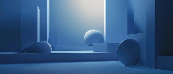 Abstract Blue Geometric Shapes: 3D Render of Spheres and Cubes