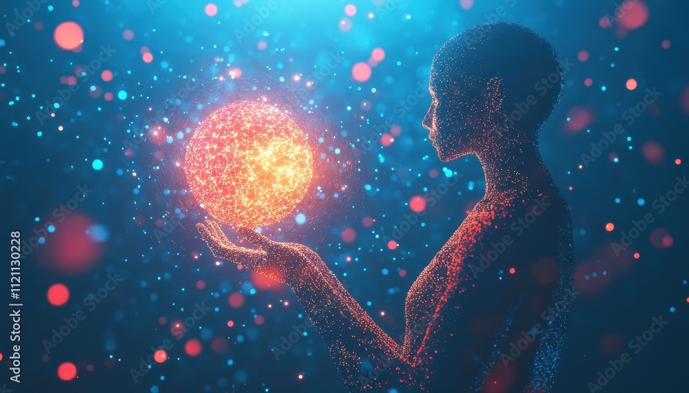 Poster digital being gently holds glowing orb of light