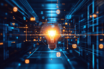 Obraz premium A business illustrated with a lightbulb surrounded by floating dollar signs and graphs.