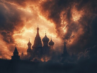 Dramatic sunset over historical architecture moscow cloudy atmosphere captivating landscape aesthetic viewpoint cultural essence
