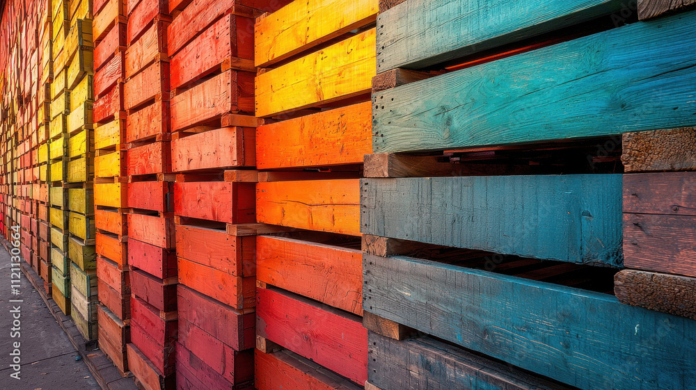 Poster pallets wood concept. colorful wooden pallets stacked in gradient pattern create vibrant backdrop
