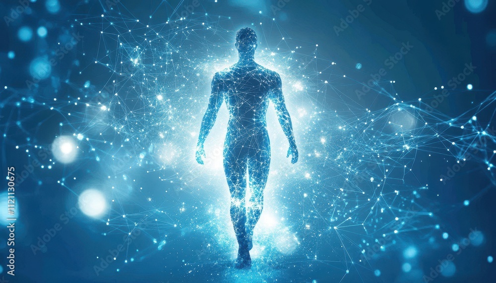 Poster a digital human form walking through a network of light