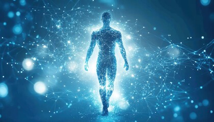 A digital human form walking through a network of light