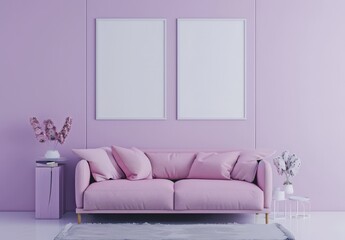 Two blank frames above a pink sofa in a modern living room