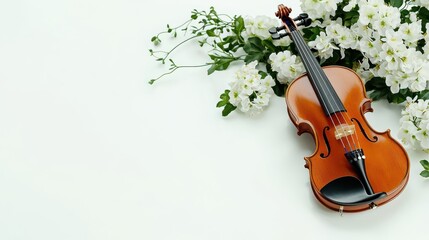 Violin surrounded by white flowers on a white background.