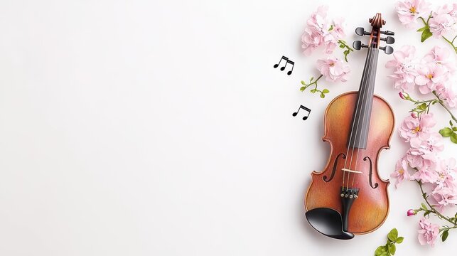 Violin with musical notes and pink flowers on a white background