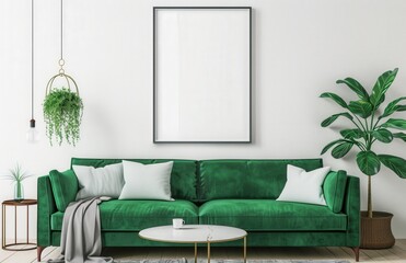 Modern living room interior with green velvet sofa. coffee table. and a large black framed poster above it