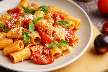 Plate of delicious penne pasta with tomato and basil on grunge background, closeup
