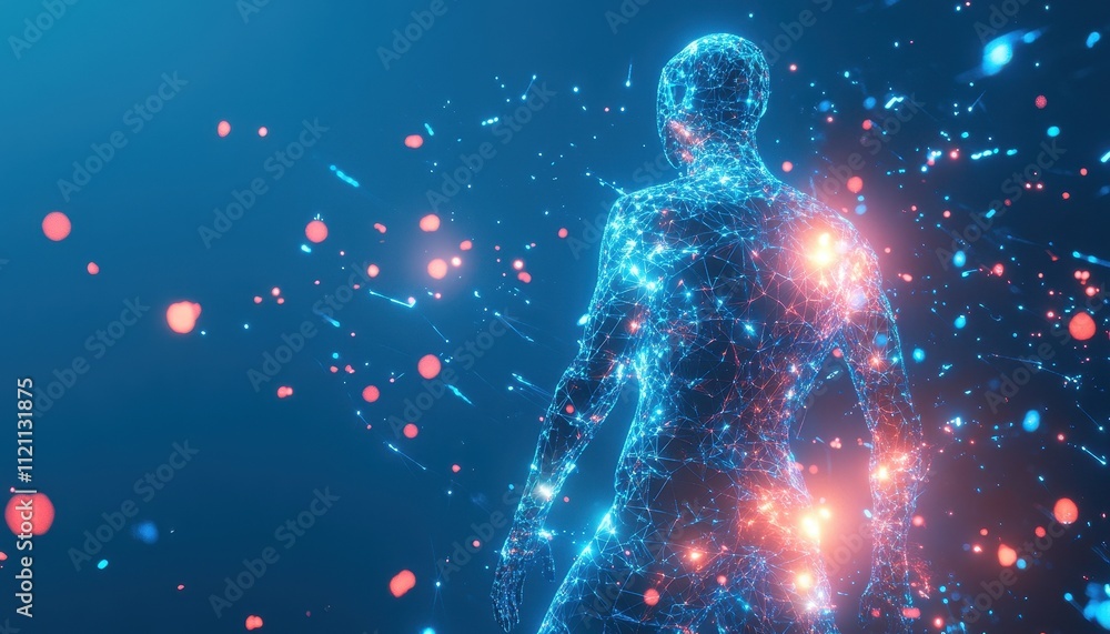 Poster abstract human form illuminated with glowing particles