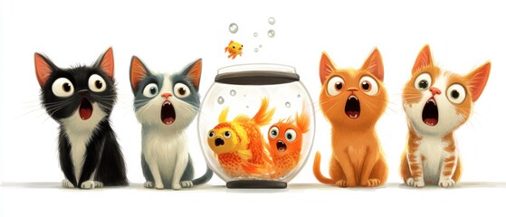 Naklejka premium Four Cute Kittens in Awe of Two Goldfish in a Fishbowl