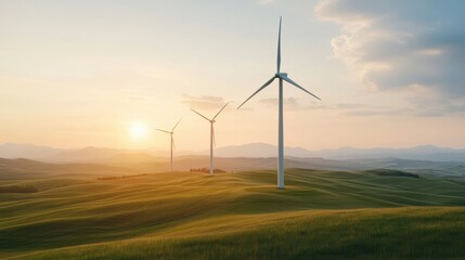 Obraz premium Wind turbines generating renewable energy at sunset in green landscape
