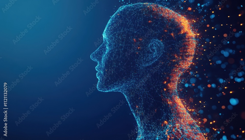 Poster abstract digital head profile transforming into energy