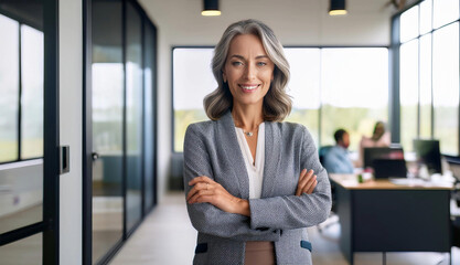 Portrait of a successful businesswoman standing with arms crossed inside an office. Represents confidence, leadership, and professionalism in a corporate environment.