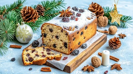 Delicious fruitcake decorated with nuts, spices, and festive elements on wooden board.