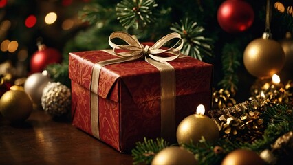 A textured old-fashioned package under the Christmas tree surrounded by festive decorations and warm lights