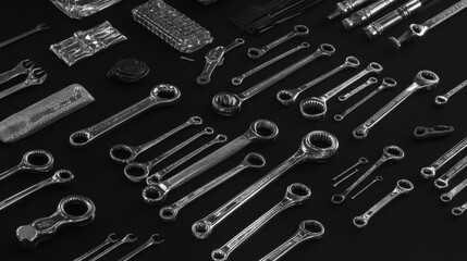 List of socket wrenches and repair tools on black background