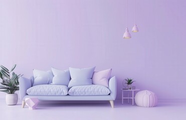 Minimalist living room interior design with light blue sofa. pink pillows. and purple walls