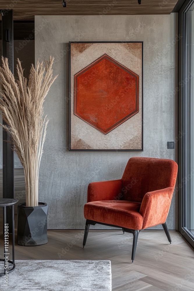 Poster a bold geometric hexagonal frame in metallic tones hanging in a modern gallery space.