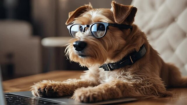 light brown terrier glasses looking laptop goggles video dog computer reading keyboard type nose work secretary fur tan high