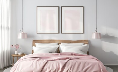 Minimalist bedroom interior with pink bedding. wooden headboard. and two framed posters hanging on a white wall
