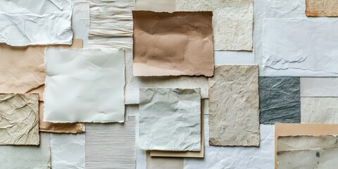 Fototapeta premium A flat lay of various types of paper textures, including rough, smooth, and recycled paper for artistic purposes.