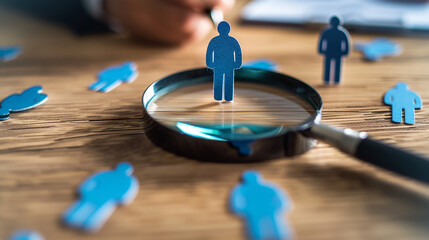 Obraz premium Magnifying Glass Focusing on Human Figure for Recruitment Concept