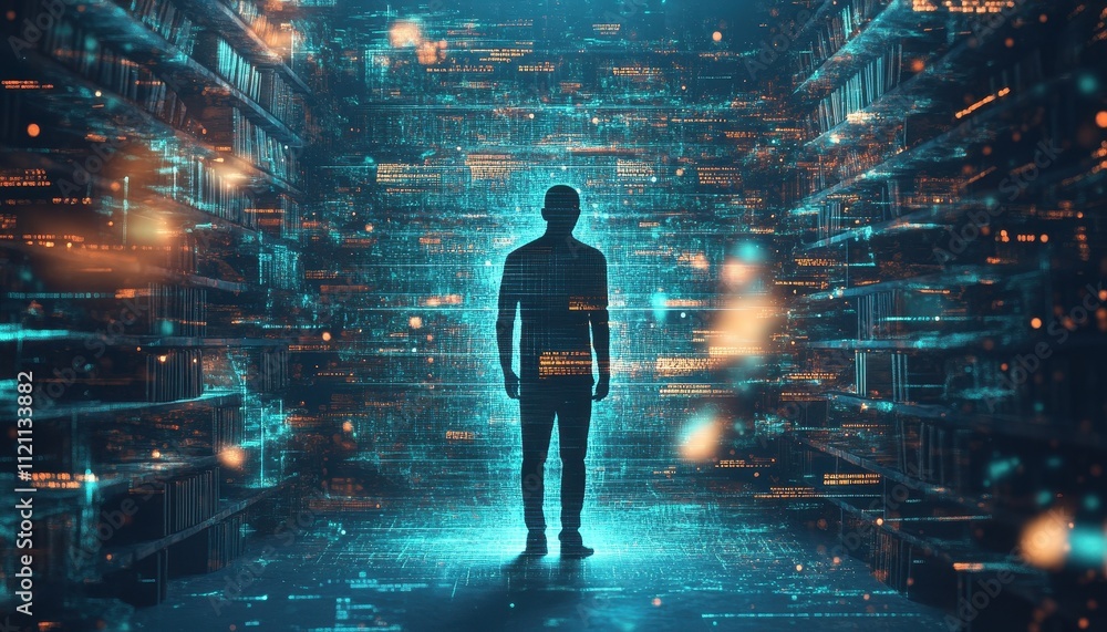 Poster A Person Stands Within A Digital Data Library