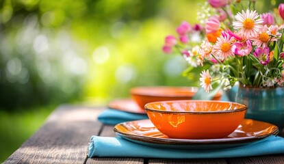 Outdoor Table Setting with Orange Bowls, Plates, and Vibrant Flowers, Creating a Sunny Summer Atmosphere for a Relaxing Meal.