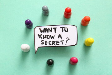 Speech bubble with question WANT TO KNOW A SECRET? and figures on green background. Gossip concept
