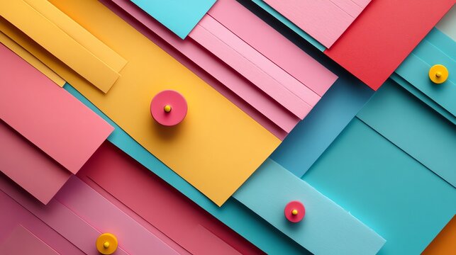 Colorful geometric pattern with overlapping shapes in vibrant hues of pink, blue, and yellow.