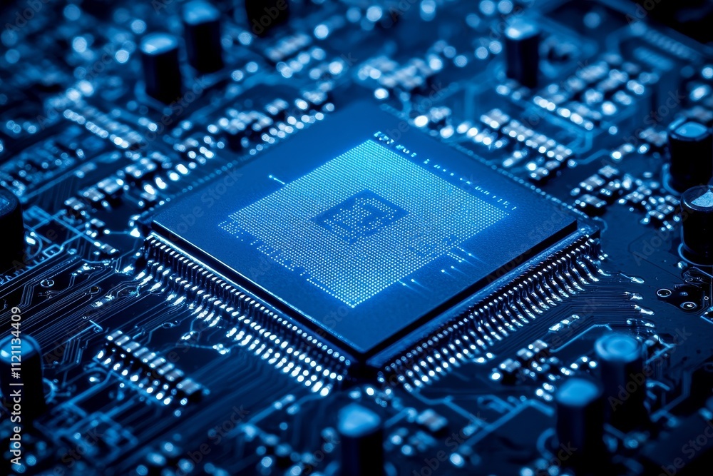 Poster dark empty background with digital blue microchip circuit.