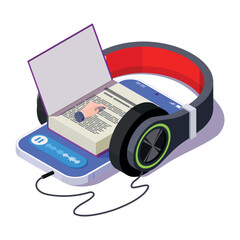 Vector isometric illustration of an audiobook. Headphones are connected to a smartphone with a book open.