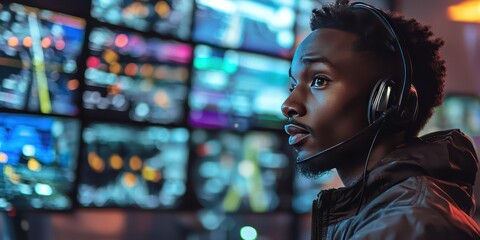 Fototapeta premium A focused traffic controller using a headset and monitoring multiple screens in a busy traffic management center.