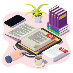 Isometric e-book concept. reading online vector illustration